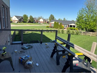 Deck railing frame being assembled