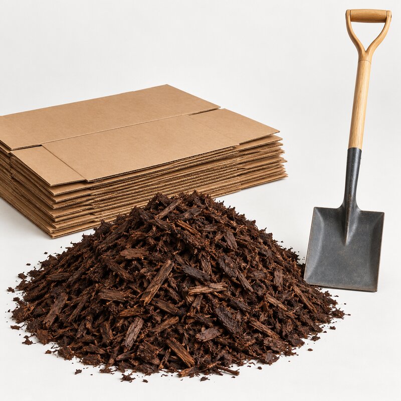 Illustrative image of cardboard, wood mulch and a straight-edge shovel